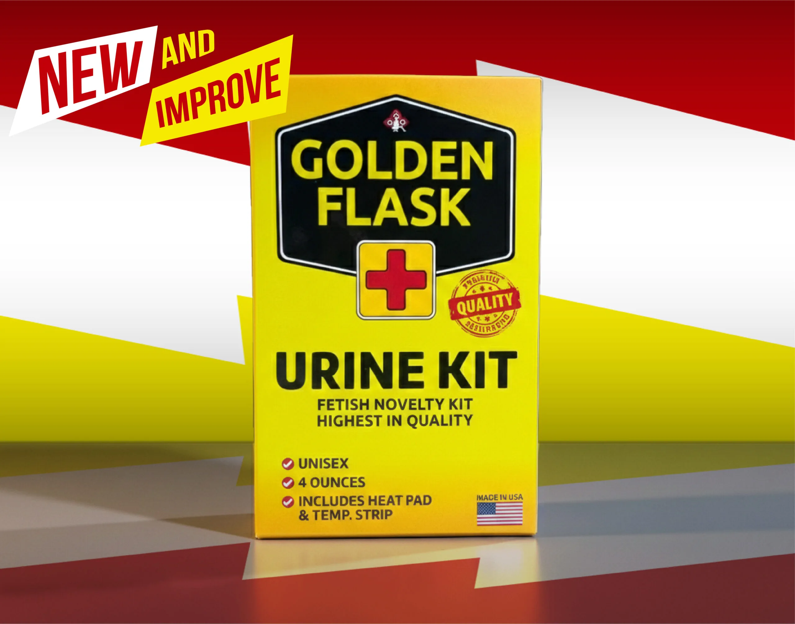 Golden Flask novelty urine kit packaging
