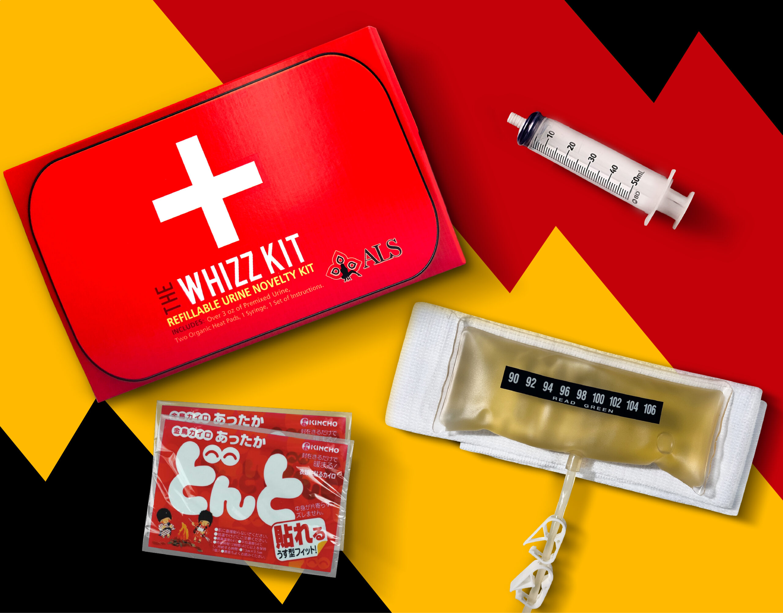 WhizzKit refillable synthetic urine kit with pouch, heat pads, and syringe