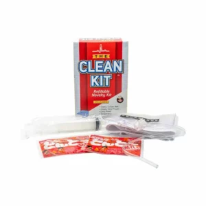 Clean Kit refillable novelty kit with 100% Cotton detachable elastic belt with vinyl medical grade pouch, two heat pads, one 60ml syringe and temperature strip